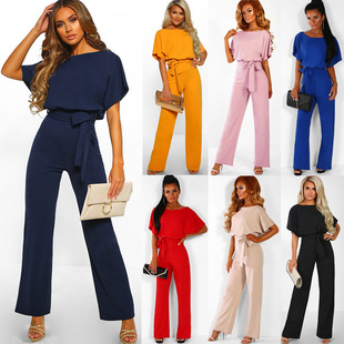 Cross-border 7-color Hot New 2019 Spring and Summer Fashion Lace-up Button Short-sleeved Women's Jumpsuit