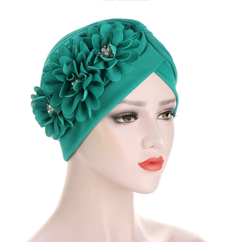 10 color AliExpress turban hat pleated watermelon hat applique three flower turban hat fashion bag head hat