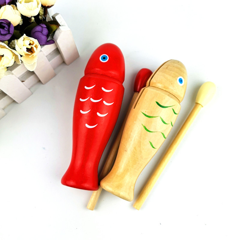 Red fish-shaped wooden fish toddler percussion instrument Orff musical instrument wood color Clapper sound tube music teaching aids
