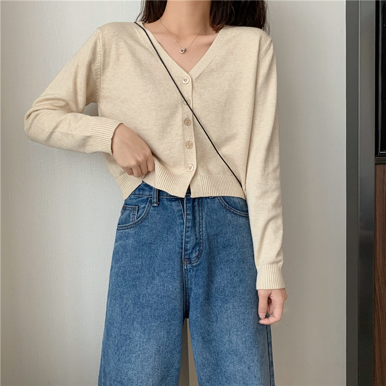 Knitted Sweater Women's Korean Style Solid Color Coat Short Cardigan V-Neck Long Sleeve Sweater Small Simple for Students
