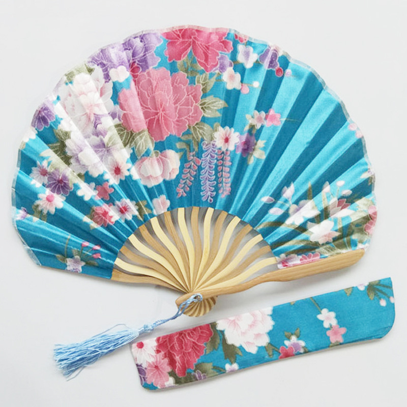Japanese Style Women's Brown Bone Shaped Knife Fan Shell Keel Fan Silk Folding Fan + Tassel + Cloth Bag