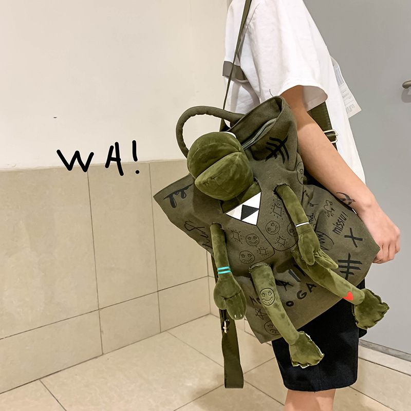 2020 New All-match Backpack Women's Canvas Large Capacity Travel Backpack Graffiti Print Cute Frog Schoolbag Trendy