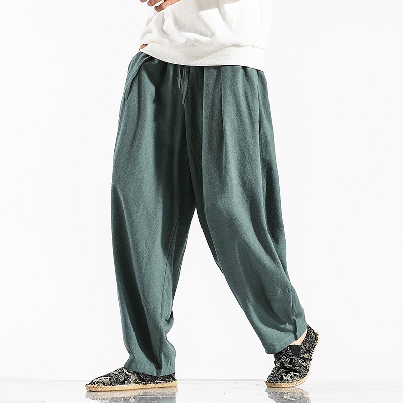 Linen pants men's trousers loose plus size wide leg pants straight cotton linen solid color Chinese style wide leg pants men