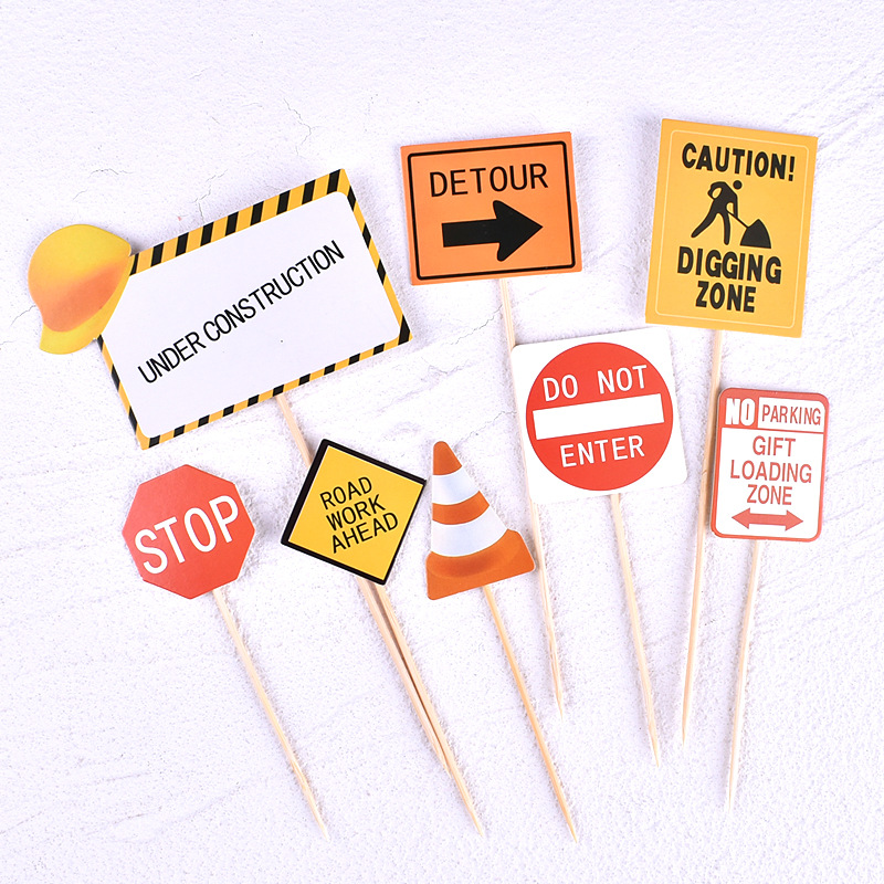 Children's Cake Decoration Engineering Vehicle Excavator Birthday Cake Card Barrier Traffic Instructions Road Mark Baking Plug-in