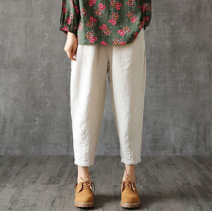 HKcis Cotton Women's Pants Cropped Loose Cotton and Linen Loose Waist Wide Leg Pants Vintage Artistic All-match Casual Pants Free Shipping