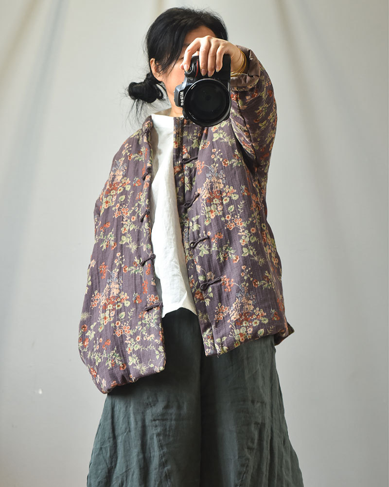 Naran/original plus size cotton and linen women's clothing Chinese cardigan stand collar casual cotton-padded clothes vintage printed warm cotton-padd_voghion.com