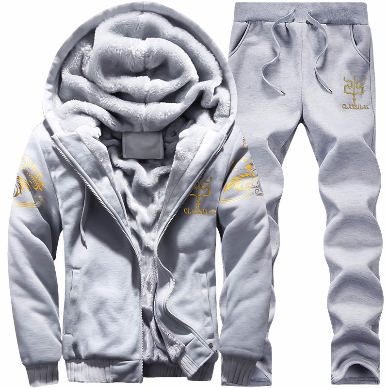 Autumn and winter new men's velvet padded middle-aged and elderly hooded casual suit Korean men's two-piece sportswear