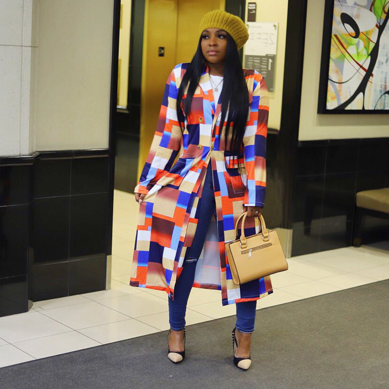 Autumn and winter New trench coat cross-border  European and American plus size plaid printed double-breasted lapel coat coat women's coat_voghion.com