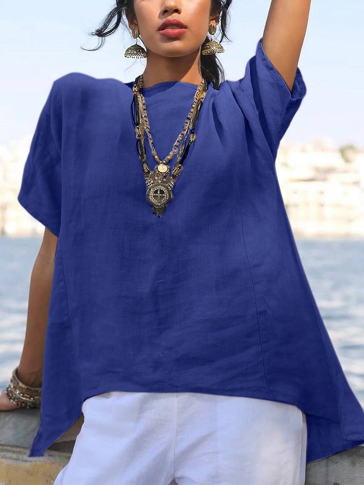 2023 European and American Cross-border Spring and Summer Solid Color Cotton and Linen Shirt Irregular Hem Short Sleeve Stitching Loose Round Neck Top for Women