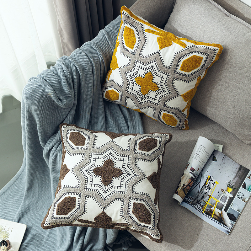 New Nordic style three-dimensional towel embroidery geometric pattern sofa cushion cover cotton embroidery pillowcase