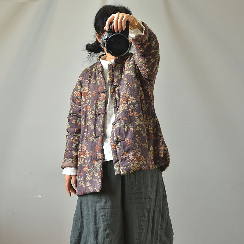 Naran/original plus size cotton and linen women's clothing Chinese cardigan stand collar casual cotton-padded clothes vintage printed warm cotton-padd_voghion.com