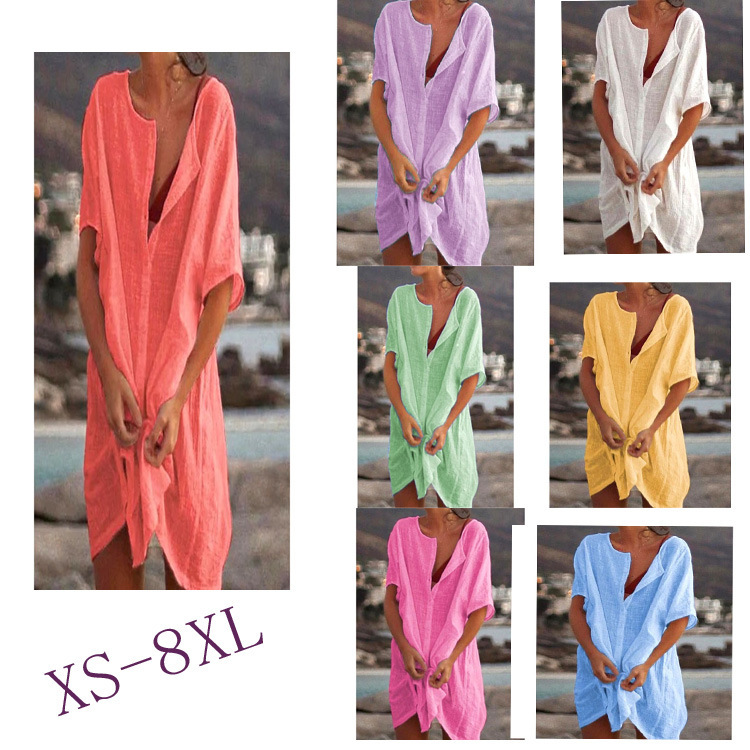 2023 cross-border foreign trade Europe and the United States summer women's shirt multi-color multi-size long loose solid color short sleeve shirt Women