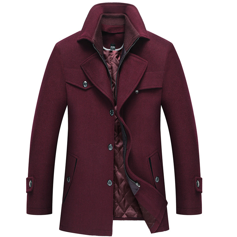 2020 Cross-border AliExpress Explosions Men's Double Collar Woolen Middle-aged Cotton Thickened Solid Color Fine Imitation Woolen Coat