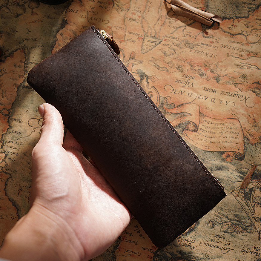 Men's and Women's Genuine Leather Zipper Simple Small Pencil Case Cowhide Pencil Case Personalized Handmade Creative Vintage Stationery Box Storage Bag