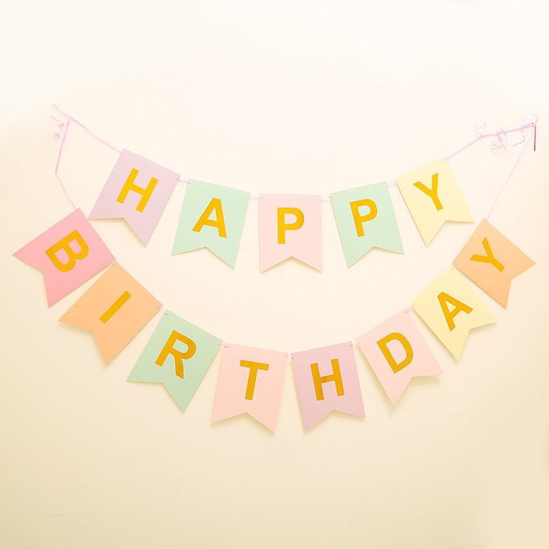 馬卡龍色生日快樂拉旗生日派對背景牆布置用品happy birthday掛旗