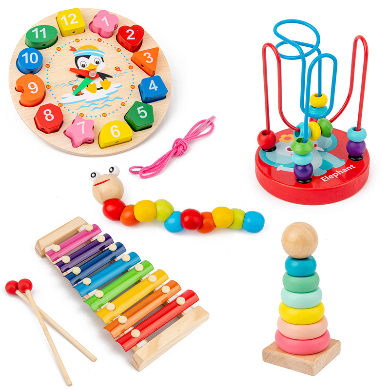 Infant Children's eight-tone hand-knocking piano beaded twisted insect rainbow tower baby early education educational wooden toys