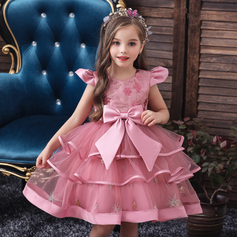 2022 New Style dress Princess dress Wedding Flower Girl dress Short Sleeve Puff Cake dress High Waist Bow dress