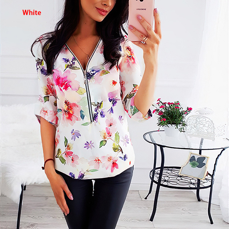 AliExpress  Autumn European and American V-neck zipper top printed women's roll-sleeved long-sleeved shirt