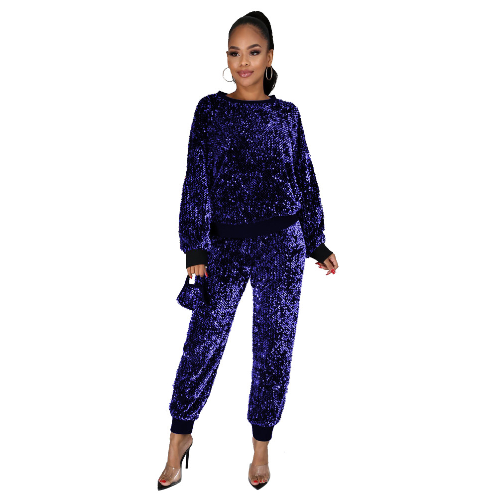 8761 European and American Amazon cross-border autumn and winter New Home sequined party long-sleeved pencil pants two-piece set with mask
