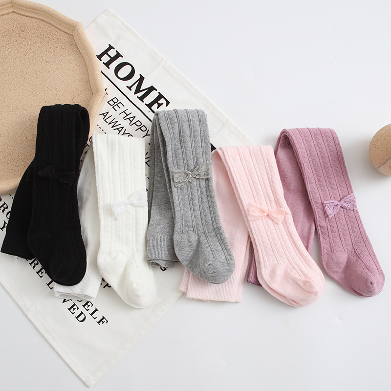 2023 spring new lace bow baby children's leggings boneless stitched combed cotton baby step socks