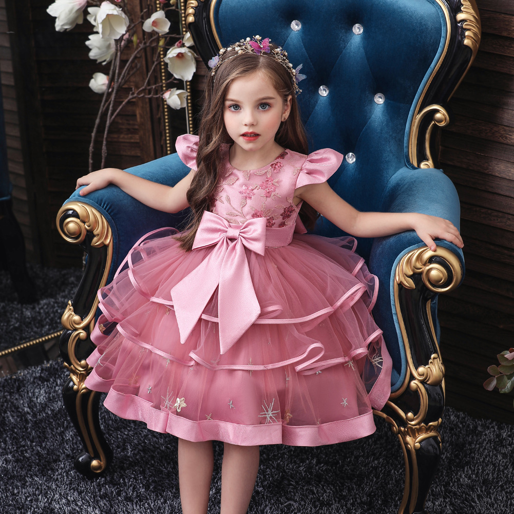 New Children's Dress Girls' Short-sleeved Sequins Princess Fluffy Flower Girl's Wedding Dress High-end Performance Show