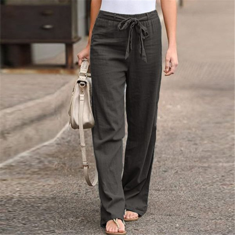 2023 cross-border women's wear wish AliExpress summer elastic waist solid color cotton linen wide leg pants loose trousers for women