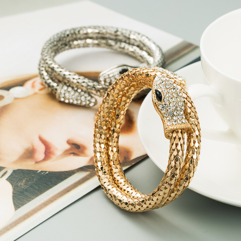 European and American New Style Personality Exaggerated Punk Style Snake-shaped Wrap Bracelet for Men and Women Alloy Rhinestone Vintage Bracelet Jewelry