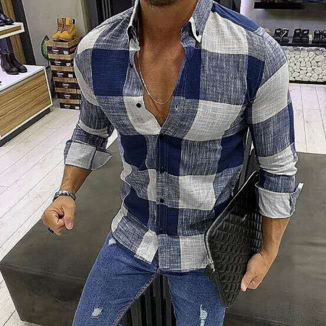 Foreign trade new Plaid large size long sleeve men's casual shirt AliExpress wish men's shirt spot fashion