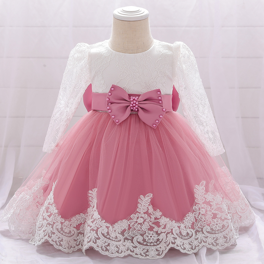 Amazon One Year Old Dress Long Sleeve Lace Stitching Wash Dress Bow Beaded Girl Dress