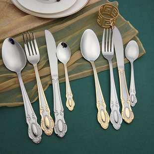 Amazon Hot Stainless Steel Tableware Set Spot Gold Plated Knife, Fork and Spoon 4 Piece Set 16 Piece Set Hotel Tableware