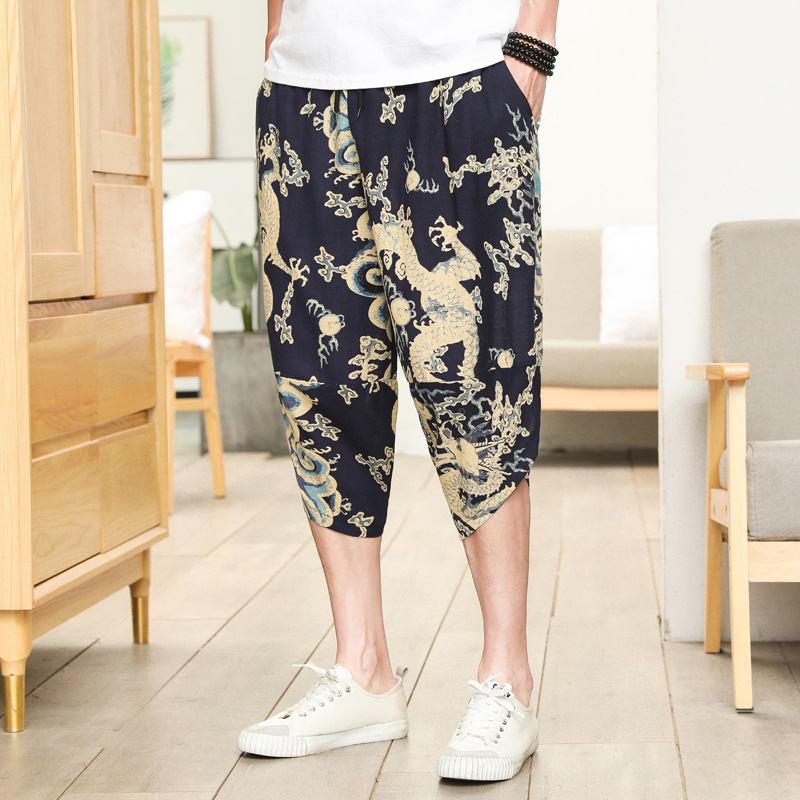 Factory wholesale summer hemp pants men's capri pants loose feet radish pants cotton hemp harem pants ethnic Wind Flower pants