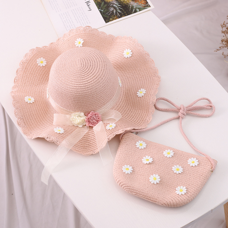 Chapeau de paille pour fille, chapeau d'été en ruban de paille, chapeau pare-soleil à fleurs, chapeau de pêcheur, ensemble de sacs de protection solaire parent-enfant_voghion.com