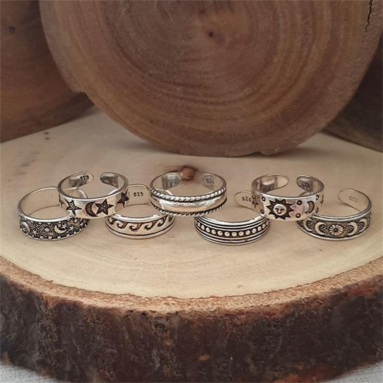 European and American foreign trade jewelry AliExpress new carved hollow multi-element 7-piece open foot ring set foot accessories