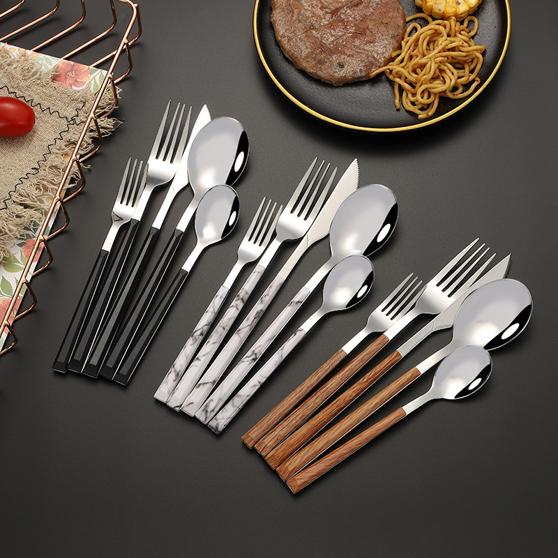 Amazon Cross-border Imitation Wood Grain Clip Handle Tableware Set Stainless Steel Long Korean Western Steak Knife, Fork and Spoon Hotel