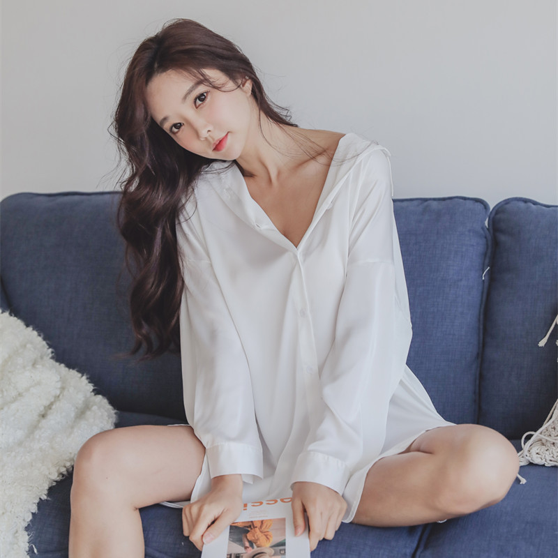 Spring and Summer oversize style pajamas Women's Ice Silk home wear can be worn outside long sleeve sexy boyfriend style shirt nightdress
