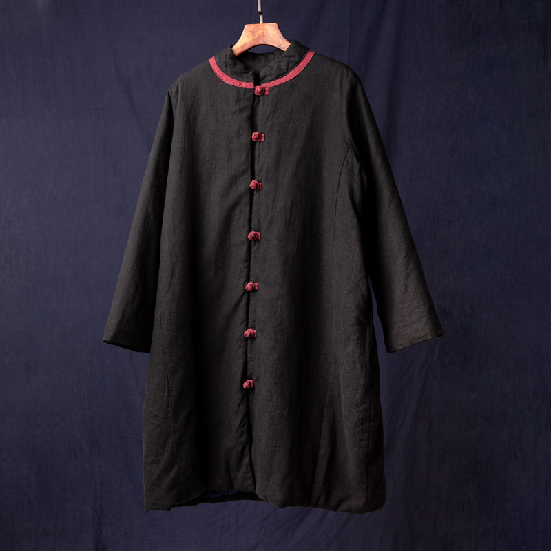 2023 Winter Neue Vintage Chinesischen Stil Vertikale Kragen Chinesischen Stil Kontrast Farbe Platte Schnalle Mittellange Baumwolle gefütterte Jacke Leinen Lose Baumwolle-pad_voghion.com