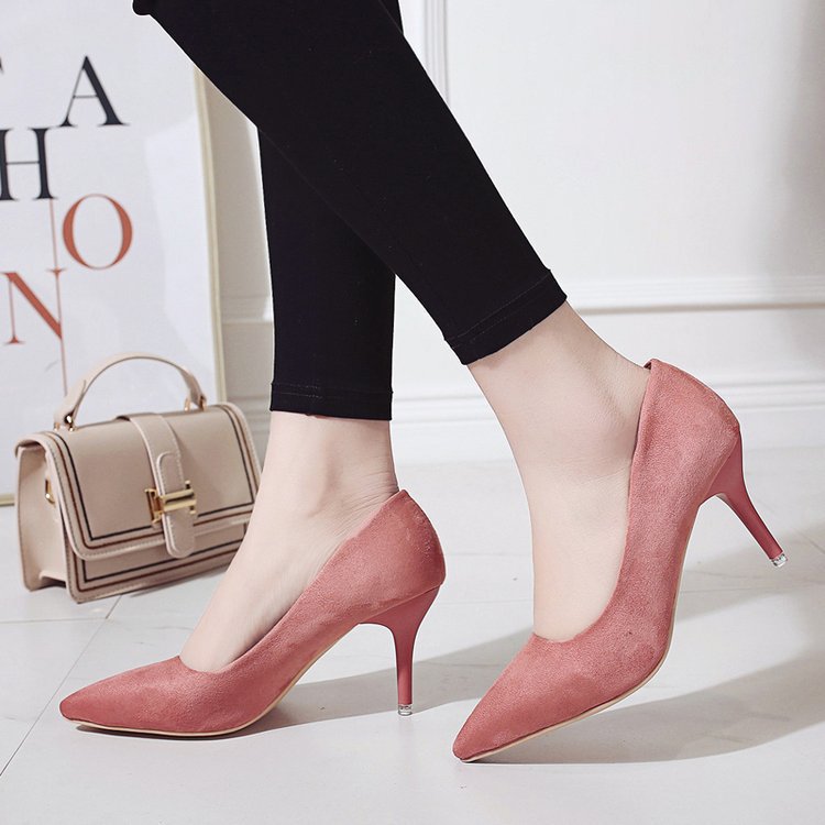 2020 new women's high heels stiletto heel pointed single-layer shoes professional work shoes black suede plus size women's shoes wholesale