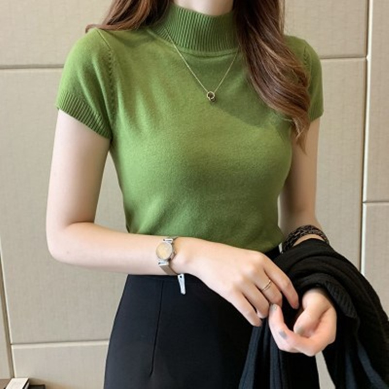 Women's Half-High Neck Half-Sleeve Sweater for Summer Base Core-Spun Yarn Sweater Slim-Fit Slimming Short Vest Top for Outer Wear