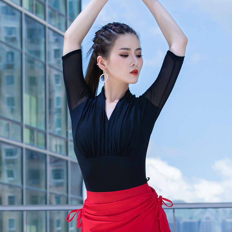 Latin dance practice clothing modern dance clothing half sleeve female adult practice jumpsuit pleated top [in stock]]