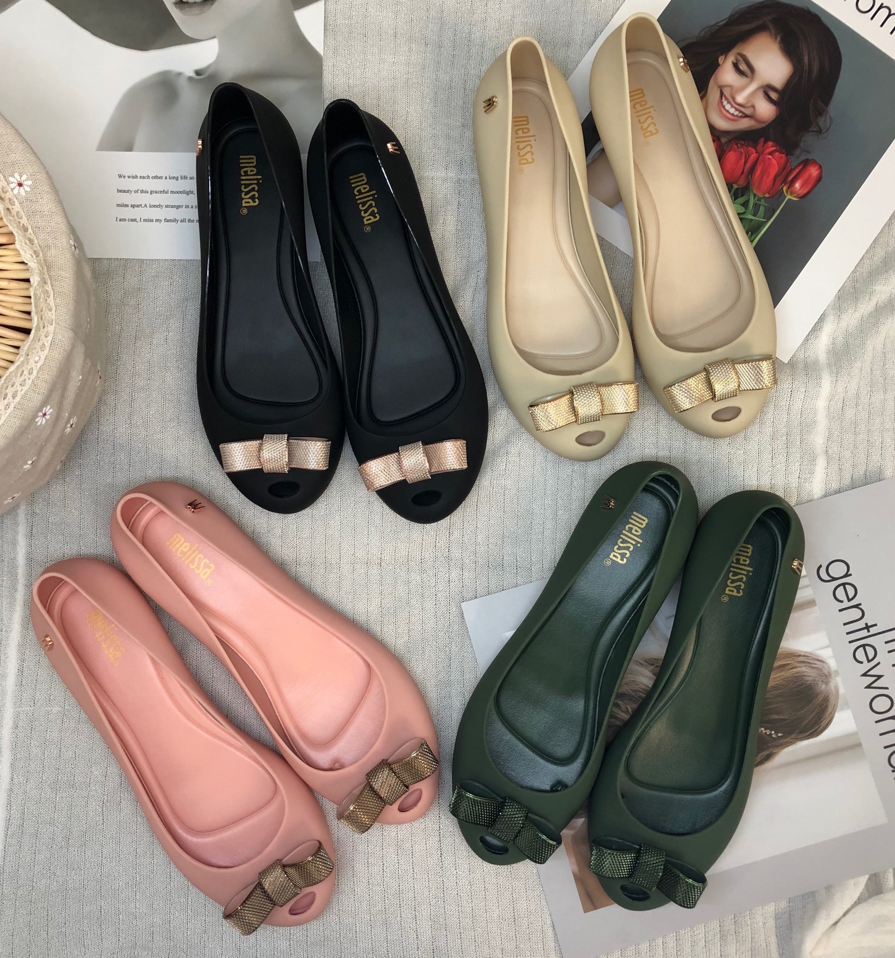 Melissa Same Style Metal Bow Jelly Shoes Low Mouth Flat Women's Single Shoes Fish Toe Sandals Inner Height Increase for Holiday
