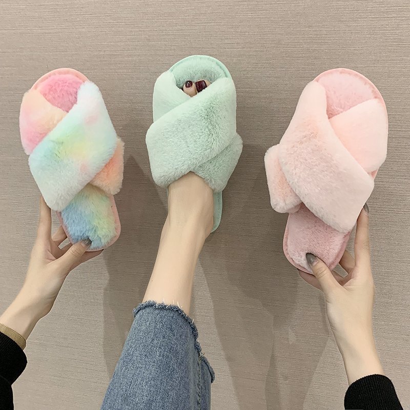 Cross Mao Mao Slippers Women's Winter Foreign Trade Asun Large Size Indoor Plush Flat Floor Mops Open Toe Warm Cotton Mops