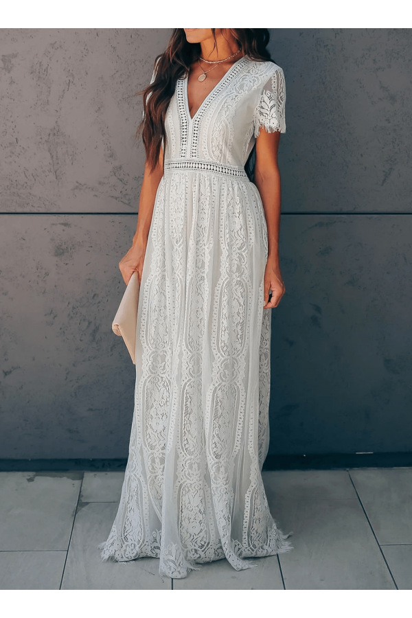 2020 Summer new European and American foreign trade Women's Amazon V-neck short sleeve hollow sexy lace lace dress