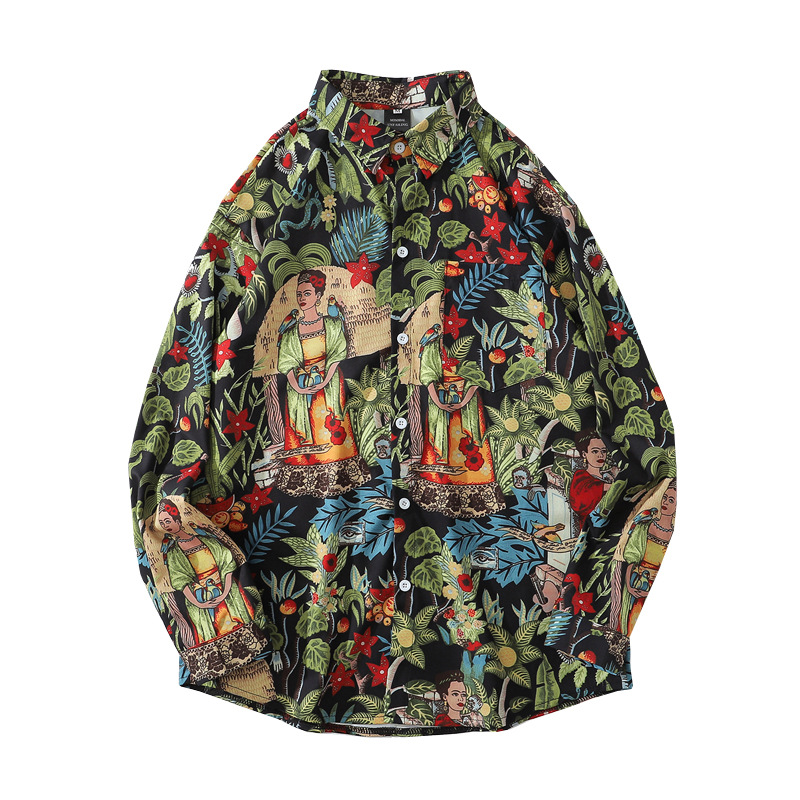 Factory direct Japanese men's shirt men's long sleeve retro style loose top casual printed men's shirt