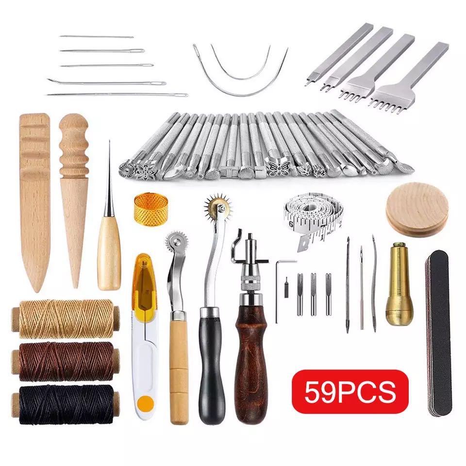 Leather tools 01 hand sewing set leather DIY diamond cut leather art tools 59PCs craft leather carving printing tools