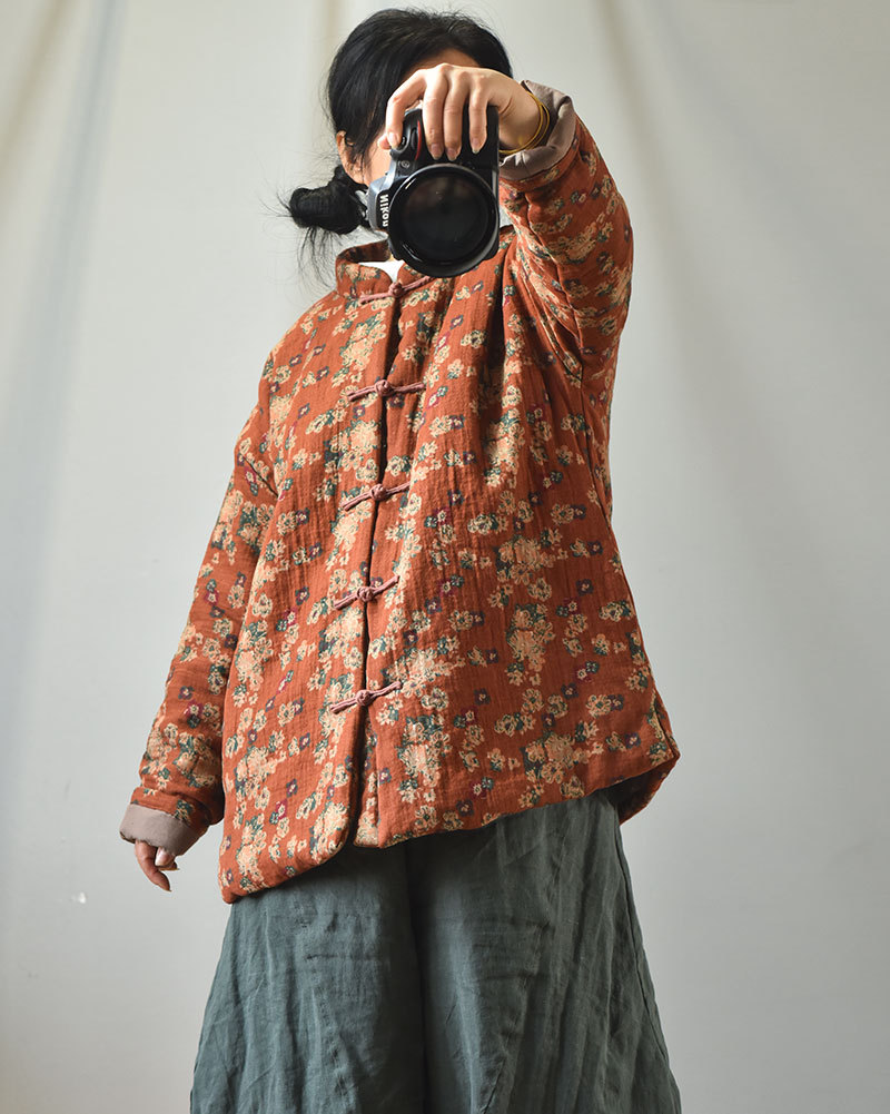 Naran/original plus size cotton and linen women's clothing Chinese cardigan stand collar casual cotton-padded clothes vintage printed warm cotton-padd_voghion.com