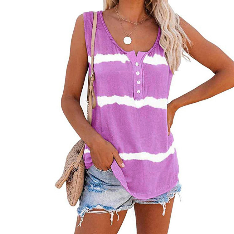 2023 Summer New Cross-border Women's Top Amazon Europe and America Hot Striped Printed Button Women's Vest T-Shirt