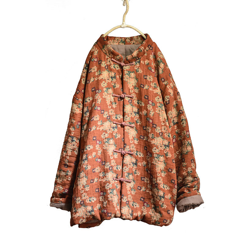 Naran/original plus size cotton and linen women's clothing Chinese cardigan stand collar casual cotton-padded clothes vintage printed warm cotton-padd_voghion.com