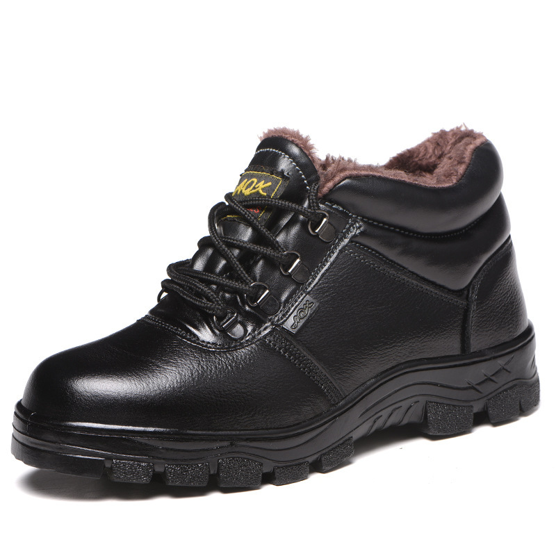 Winter warm labor protection cotton shoes anti-smashing anti-puncture steel toe fleece-lined labor protection shoes cowhide safety shoes cross-border wholesale