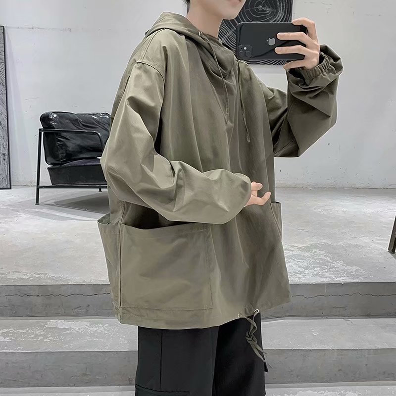 Autumn ins Retro Functional Style Solid Color Hooded Sweatshirt Men's Korean-style Loose Student Handsome All-match Top Jacket