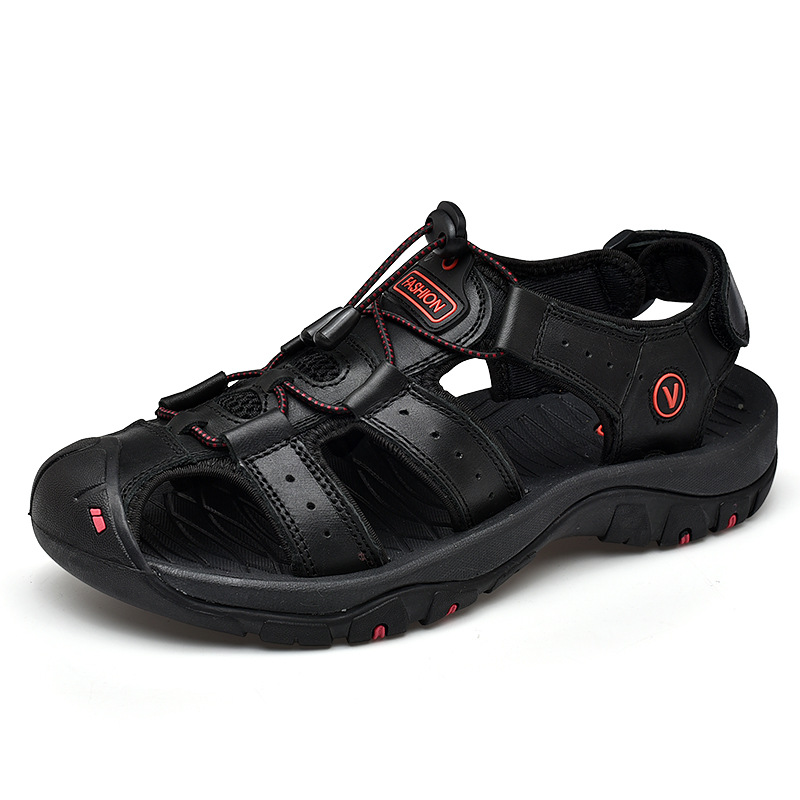 7239 summer men's shoes outdoor beach shoes large size cross-border sandals covered toe Velcro leather top layer cowhide surface tide